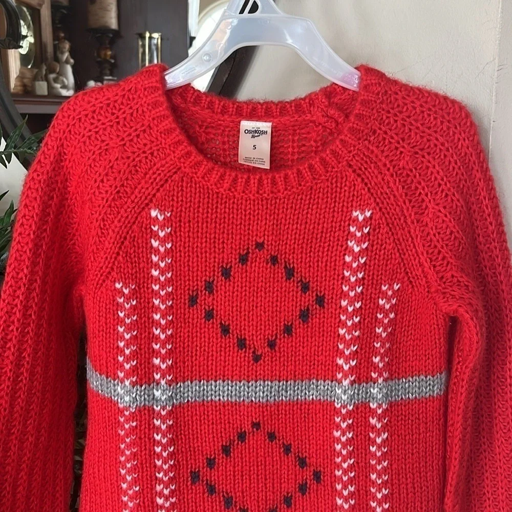 Brand New OshKosh B'Gosh Red Knit Sweater Crew Neck Diamond Design Christmas